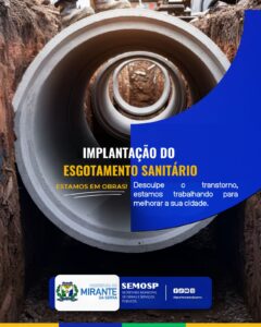 A Prefeitura Municipal de Mirante da Serra-RO, está realizando a IMPLANTAÇÃO DO ESGOTAMENTO SANITÁRIO no Município. A obra integra ações de melhoria da infraestrutura urbana, promovendo mais saúde e qualidade de vida para a população. A administração pede desculpas pelos transtornos temporários, reforçando que os trabalhos visam o desenvolvimento e o bem-estar da cidade.